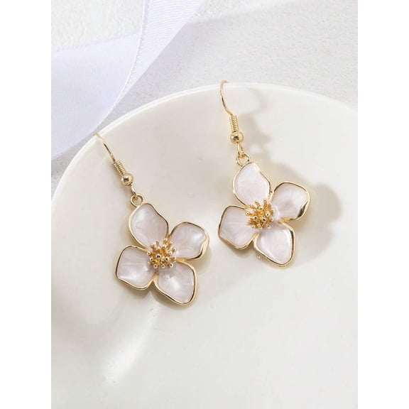 White Enamel Floral Dangle Earrings With Goldtone Setting