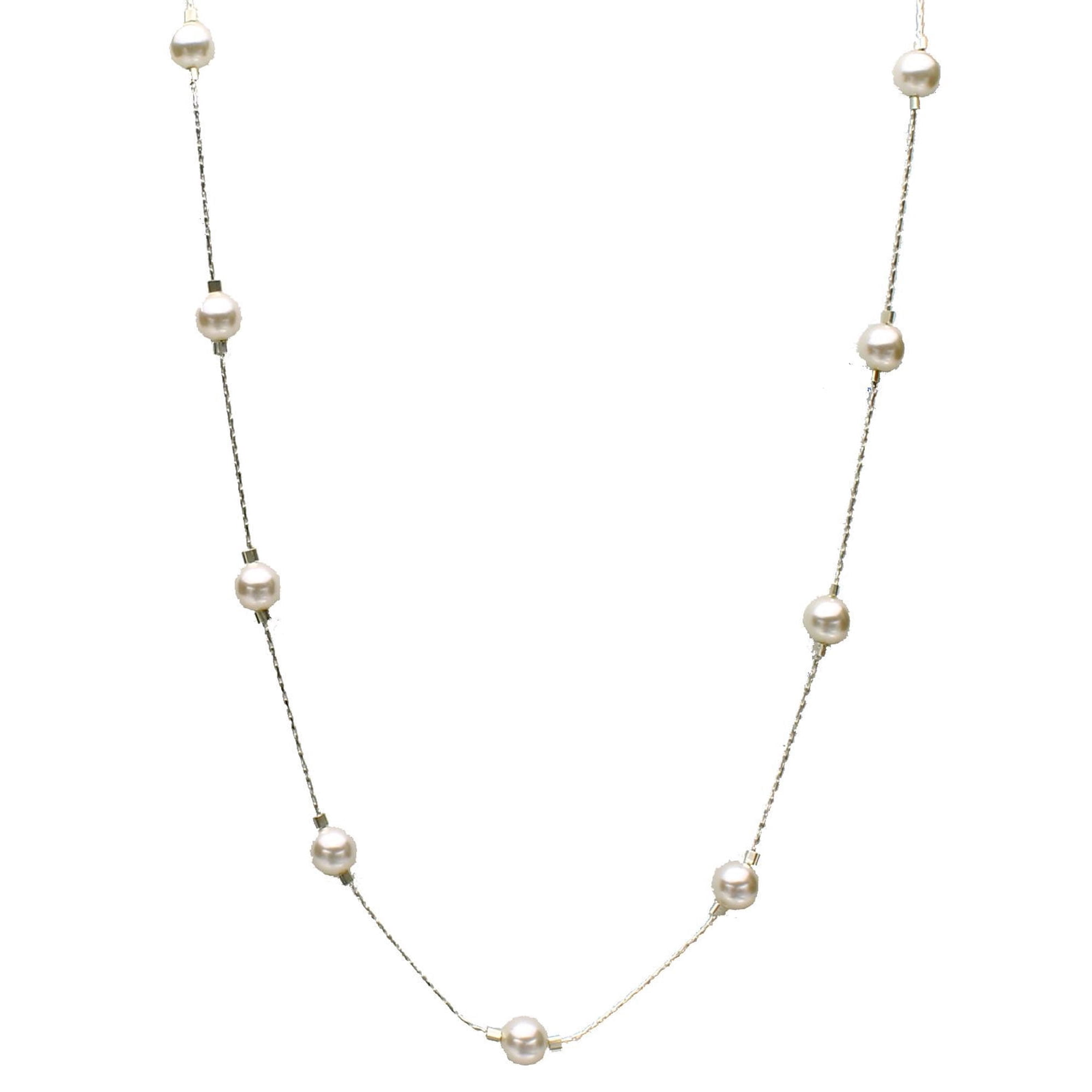 Sterling Silver Chain Station Illusion Necklace Made with Swarovski Crystal Simulated Pearls, 16"