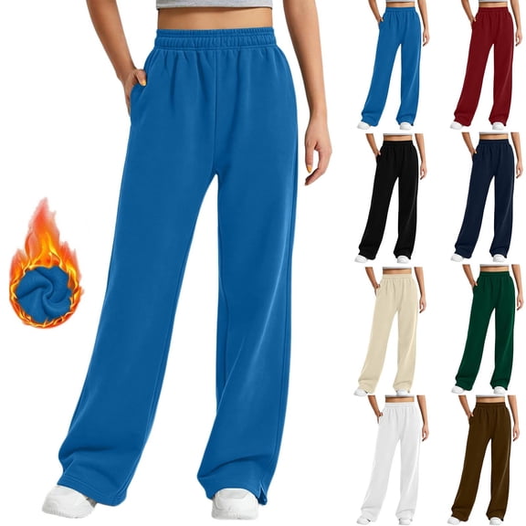 Women's Fleece Sweatpants High Waist with Pockets Side Split Elastic Waist Casual Pants, Blue-S