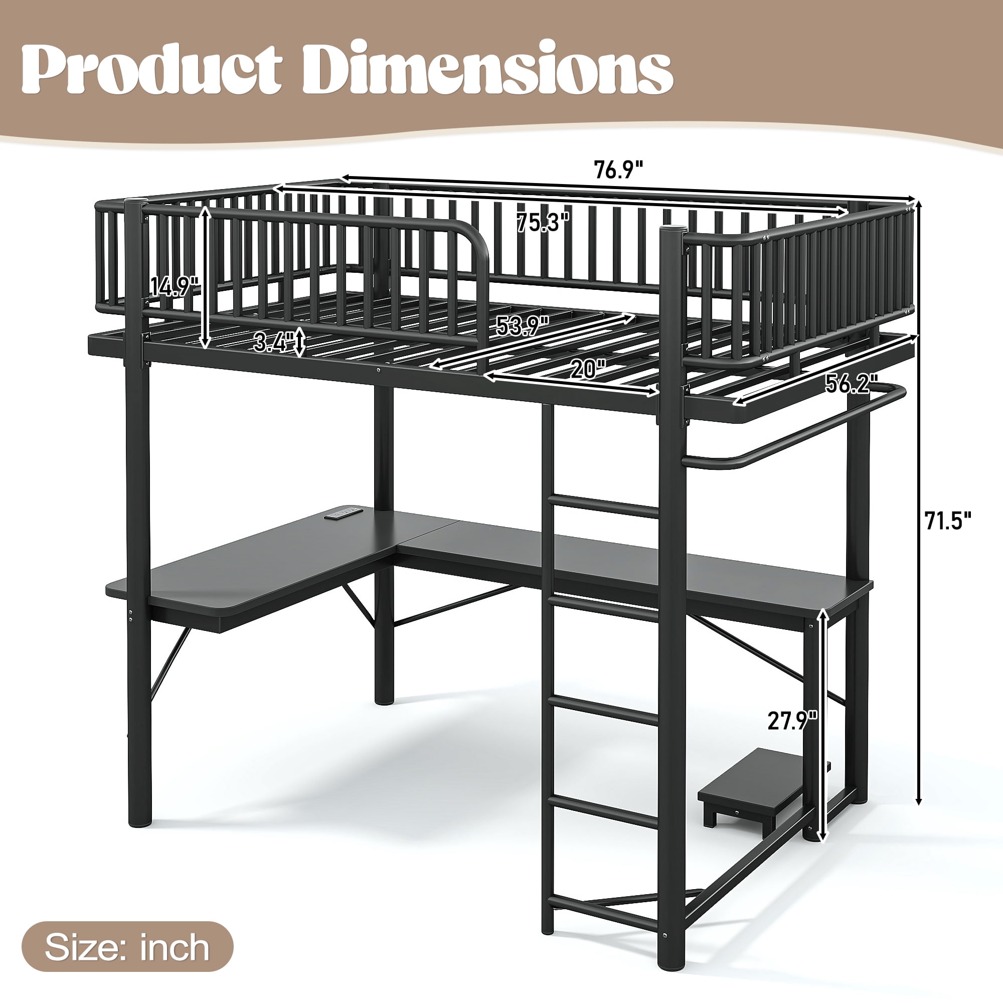Leumius Full Loft Bed Frame with L-Shaped Desk,LED Light Strip and Charge Station, Metal Loft Bed with Computer Mainframe Tray and Hanging Area, Special Round Pipe Design for Teens Adults Black