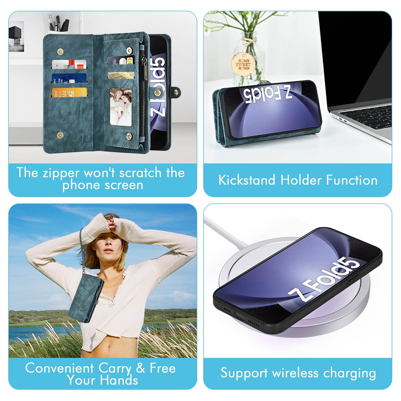 Asuwish Compatible with Samsung Galaxy Z Fold 5 5G 2023 Phone Case Zipper Wallet Detachable Strap Flip Card Holder Cell Cover for ZFold5 Z5 G Fold5 5Z Women Girls Blue