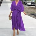 thumbnail image 2 of Vestido elegante con cinturón y cordones para mujer, vestido sexy de corte A con escote en V, manga corta, irregular, vestido de moda, drapeado, liso, estilo bohemio, midi, 2 of 5