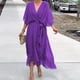 thumbnail image 2 of Vestido elegante con cinturón y cordones para mujer, vestido sexy de corte A con escote en V, manga corta, irregular, vestido de moda, drapeado, liso, estilo bohemio, midi, 2 of 4