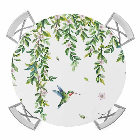 Elastic Fitted Round Tablecloth, Spring Botanical Waterproof Stretch Table Cover for 55"-60" Tables, Watercolor Leaves Flowers Birds Country Washable Outdoor Tablecloths for Patio, Picnic, Camping