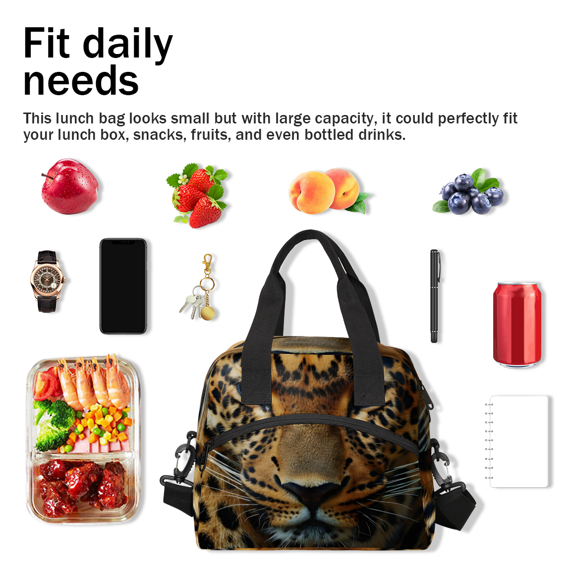 Herdesigns Leopard Insulated Lunch Bag for Women Men Adults Large Reusable Lunch Box Animal Print Leakproof Cooler Tote Bags with Adjustable Shoulder Strap