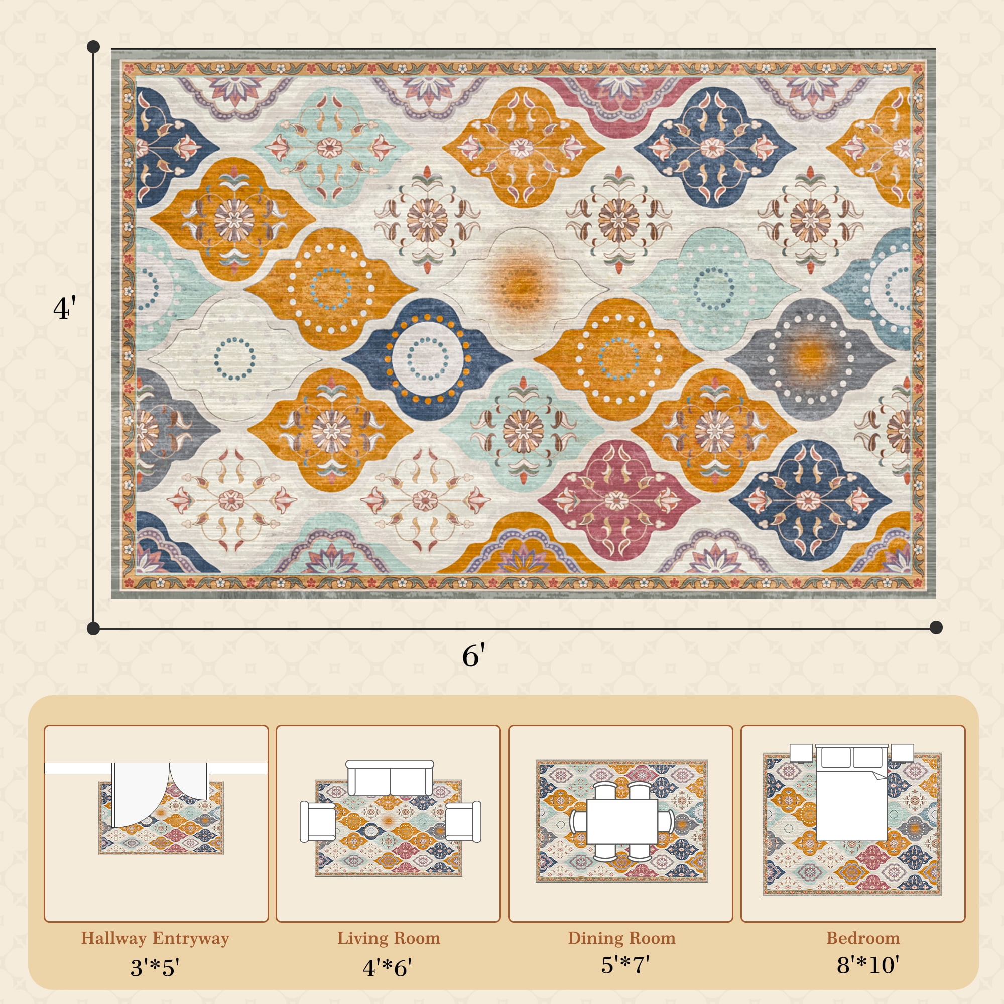 EnHomee Area Rugs for Living Room 4x6 Area Rugs Machine Washable Area Rugs Vintage Boho Indoor Area Rugs for Bedroom,Colorful