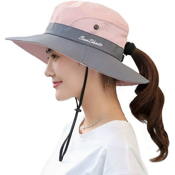 Mikewe Womens Uv Protection Wide Brim Sun Hats - Cooling Mesh Ponytail Hole Cap Foldable Travel Outdoor Fishing Hat Pink