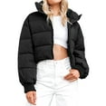 thumbnail image 4 of Seyurigaoka Women Cropped Puffer Jacket Winter Quilted Padded Zip Up Coat Long Sleeve Stand Collar Lightweight Outerwear Zipper Pockets, 4 of 7