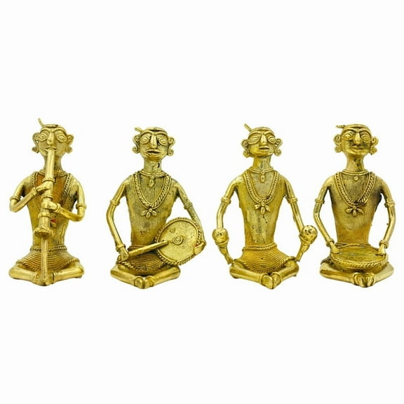 Dhokra Art Tribal Musicians, 12 cm - Brass Showpiece with Intricate Craft, Gold Finish
