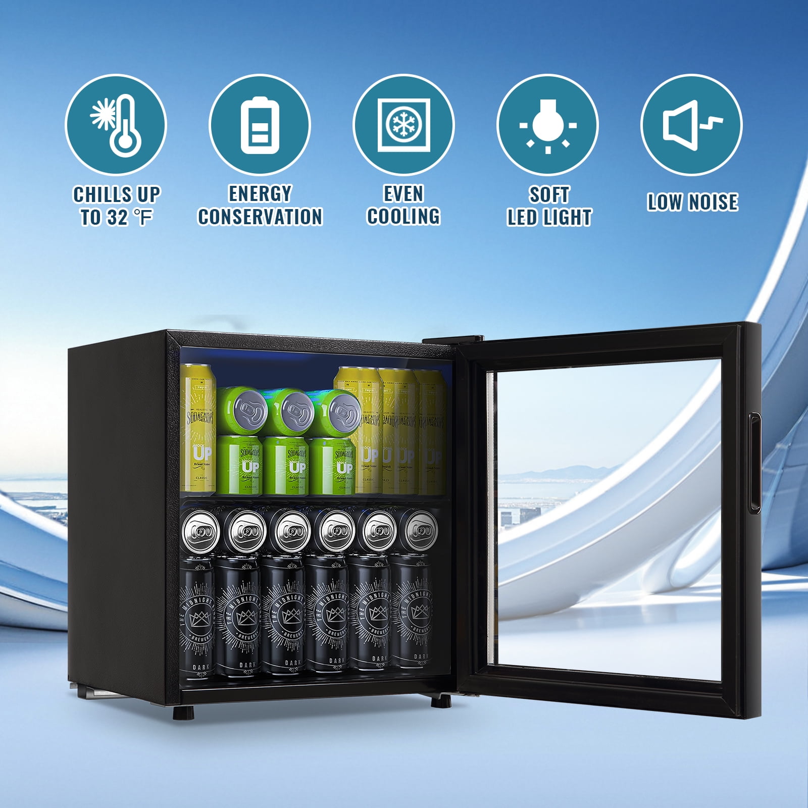 WANAI Beverage Refrigerator Cooler 1.7 Cu.ft Beer Fridge with Glass Door LED Light Adjustable Shelf