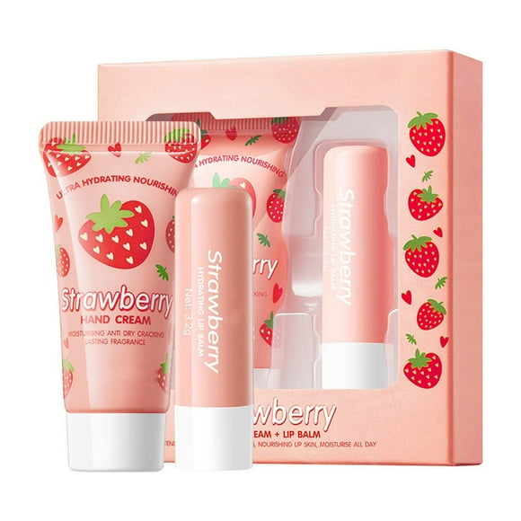 Regalos de crema de manos, regalos para el día de la madre para mamá, loción de manos, crema de manos nutritiva de fresa + juego de bálsamo labial, crema de manos, bálsamo labial y crema