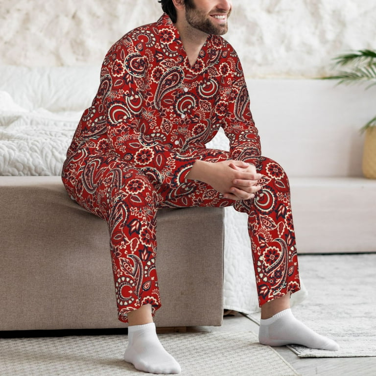 Zeuib Vintage Red Paisley Print Men's Long-Sleeved Pajama