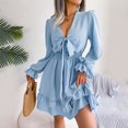 thumbnail image 4 of Sngxgn Womens Spring Summer Deep V Neck Elegant Bow tie Mini Dress(Blue,S), 4 of 5