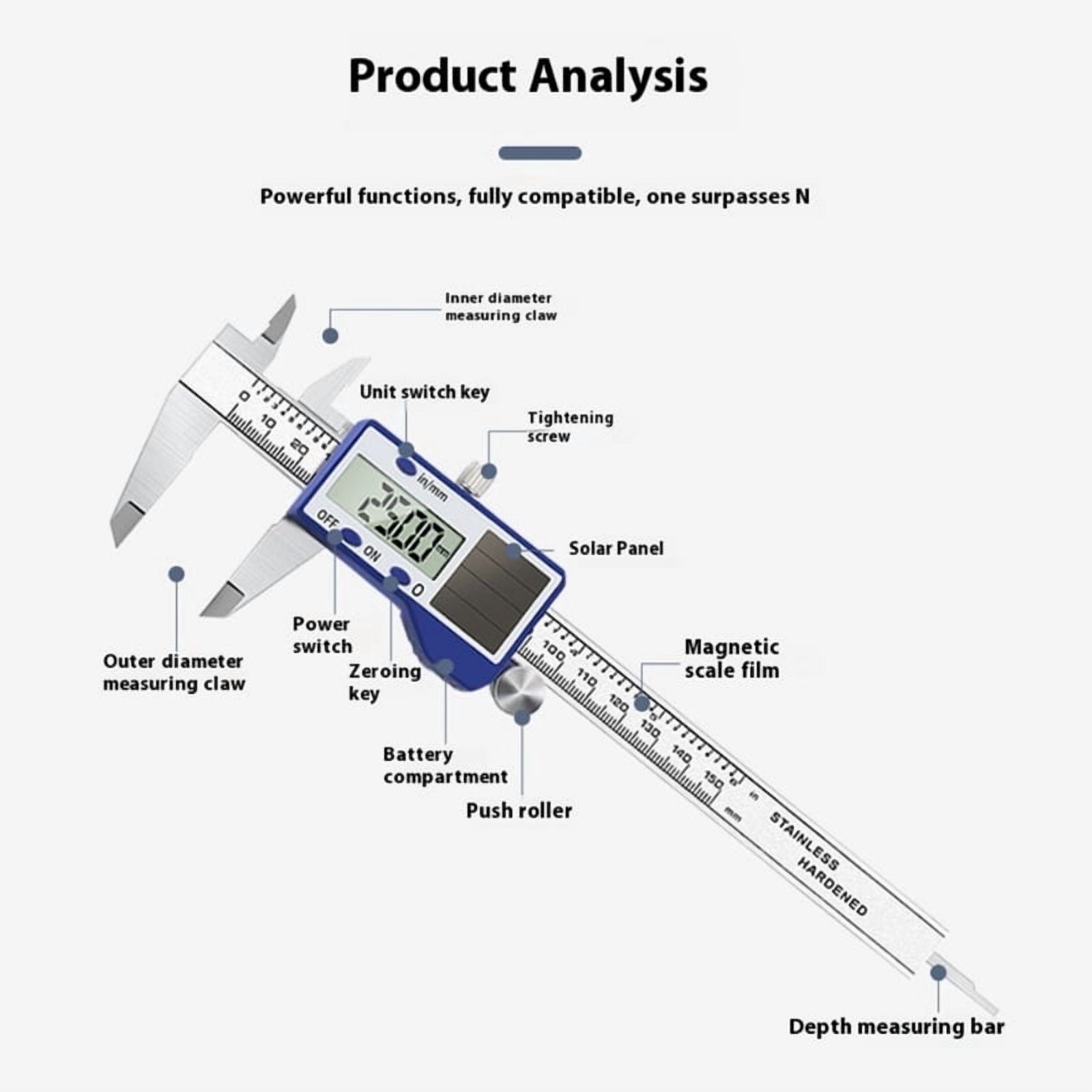 Solar Digital Calipers 150m Steel Resistant Measuring Tool For Project