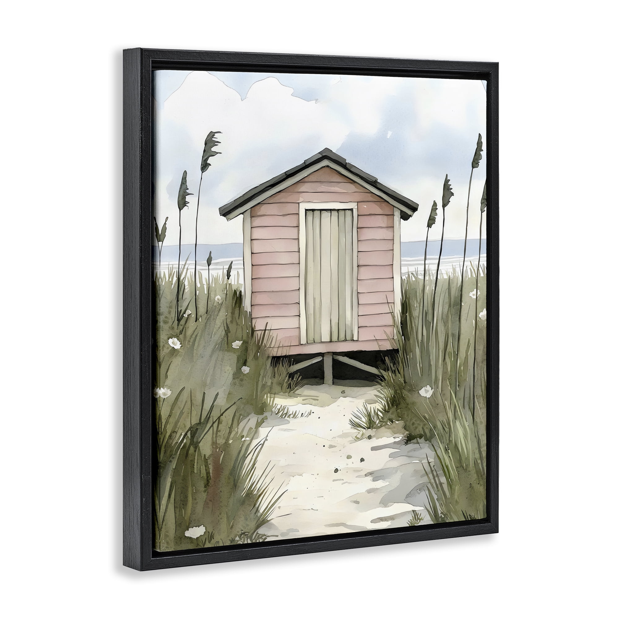 Stupell Industries Coastal Calm Pink Beach Hut Black Framed Floater Canvas Wall Art, design by Riley B