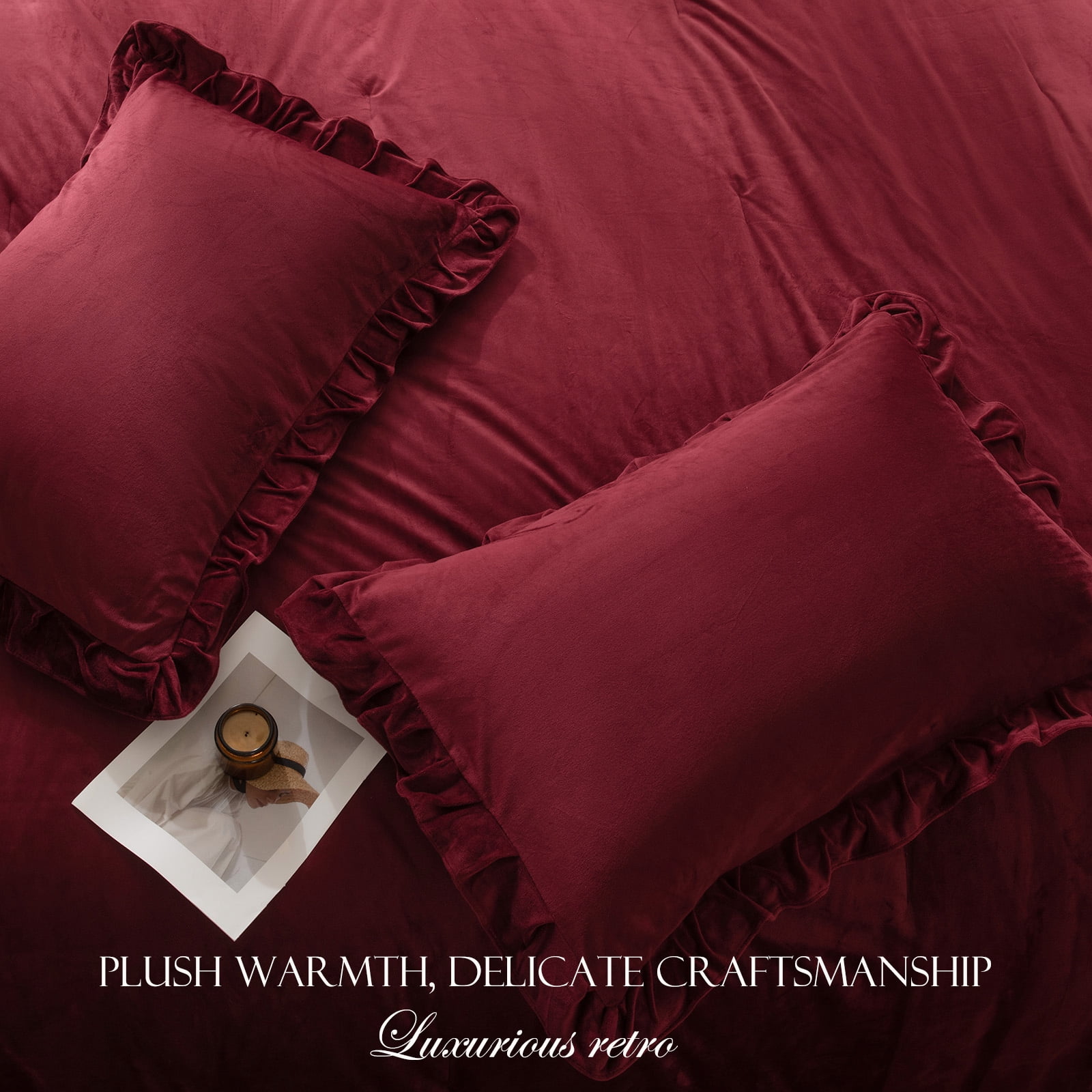 Burgundy Velvet Comforter Set Queen, Ruffled Fluffy Plush Bedding with Pillowcases, All-Season Cozy Luxury Bed Set for Women & Girls