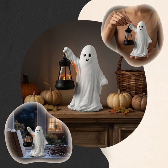 Donemore Halloween Lantern Holding Ghost Resin Figurine Decoration Spooky Ornament Tabletop Shelf Home Indoor Party Centerpiece Festive Prop Accent