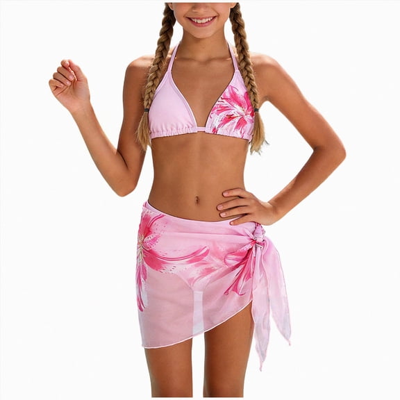 Xudanell Girls Bikini Set Piece High Waisted Bikini with Skirt Floral Swimsuits for Teens Girls (9-10 Years,Pink)