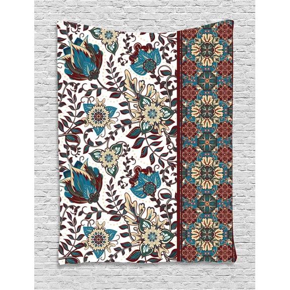 Arabesque Tapestry, Islamic Floral Pattern and Border Traditional Middle Eastern Artwork, Wall Hanging for Bedroom Living Room Dorm Decor, 60W X 80L Inches, Petrol Blue Burgundy, by Ambesonne