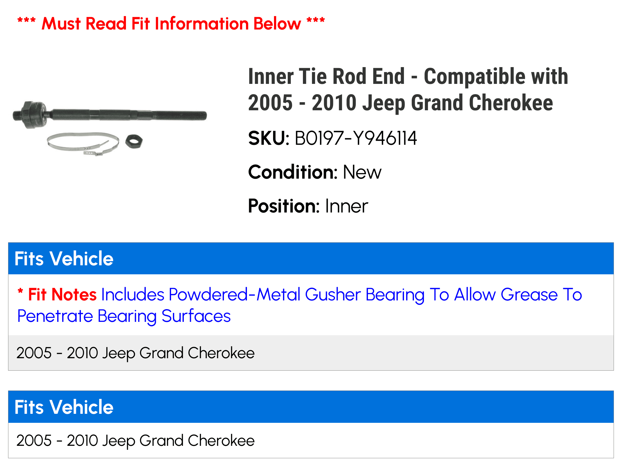 Inner Tie Rod End - Compatible with 2005 - 2010 Jeep Grand Cherokee 2006 2007 2008 2009