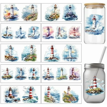 10 Pcs Colorful Lighthouse Theme Cup Printing UV Transfer Papers 10 Styles Flowers Waves UV DTF Cup Wrap Stickers for 16 OZ Glass Cups Crafts 9.5x4.3inch