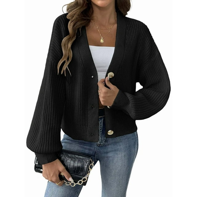 Women'S Cardigan Sweaters Fall Open Front Oversized Button V Neck Loose Soft Knit Outwear Black S