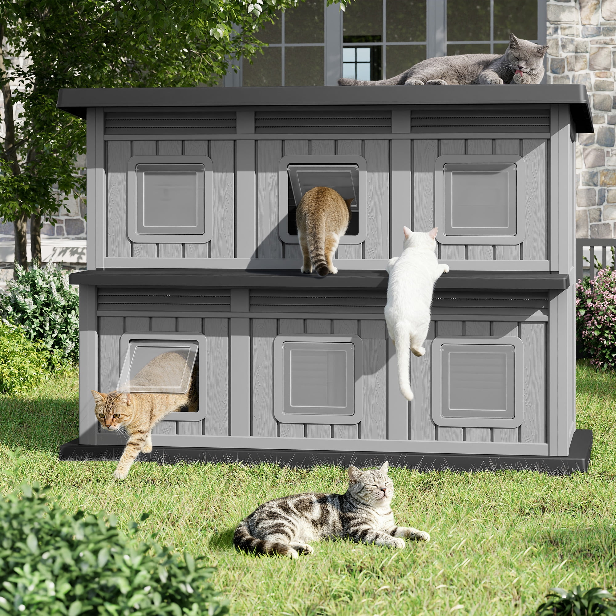 Bifanuo Outdoor Cat House,Double-Decker Resin Cat House,Weatherproof UV Protection Cat Shelter for Feral Cats,Assemble Easily for Home & Yard,Black&Gray