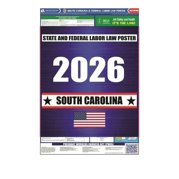 South Carolina (SC) 2026 State Labor Law Poster - State, Federal and OSHA Compliant Laminated Poster - Perfect for the Workplace Posting - Clear and Easy-to-Read Format - 20 Inch by 36 Inch - English