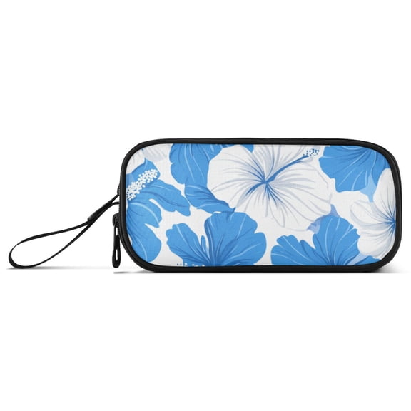 White and Blue Tropical Hibiscus Florals Pencil Case Stationary Holder Pen Bag Pencil Pouch Tool Organizer 3 Compartments
