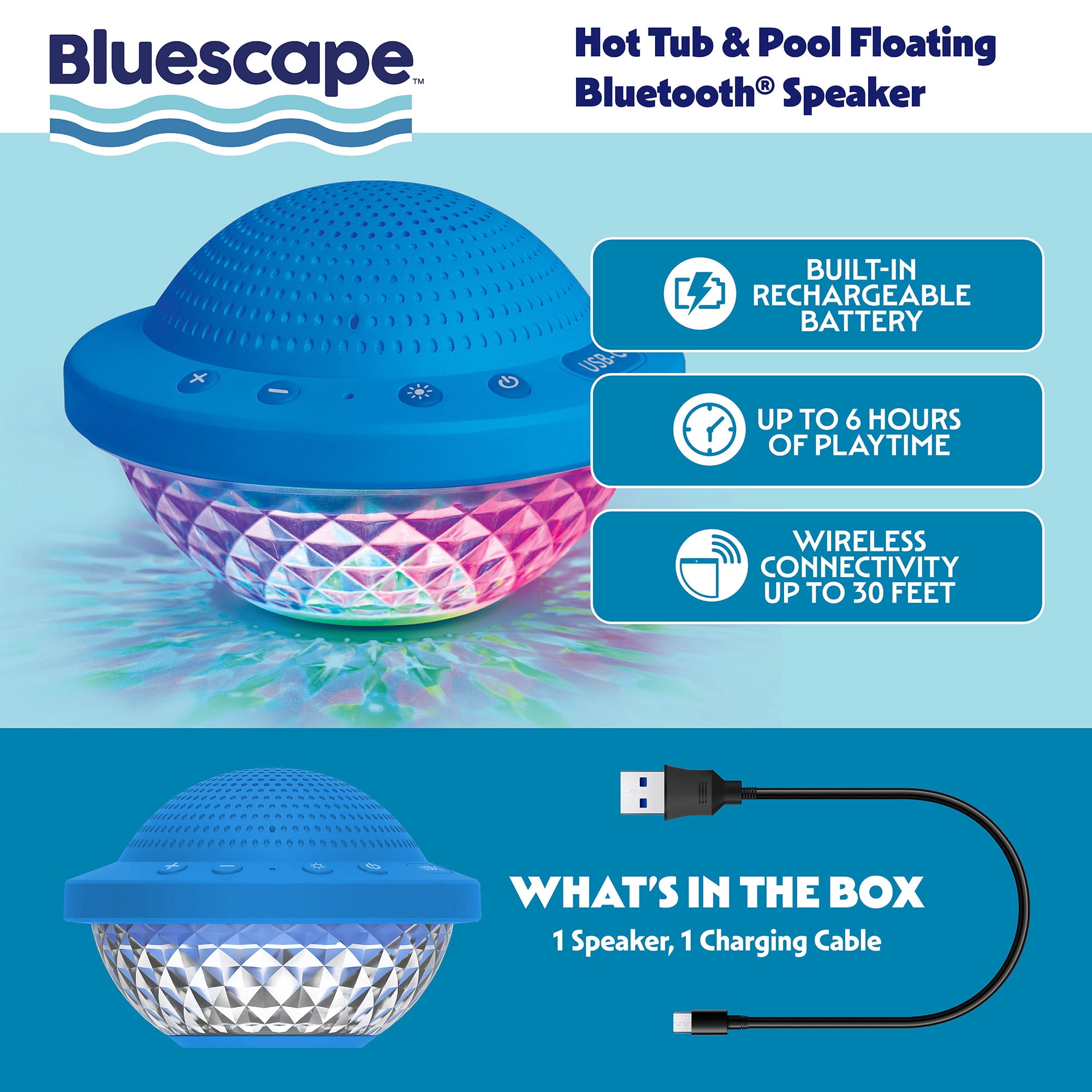 Bluescape Floating Bluetooth Speaker – IPX7 Waterproof, LED Light Show, FM Radio, 6-Hr Playtime, True Wireless Stereo, for Hot Tubs, Pools & Beach