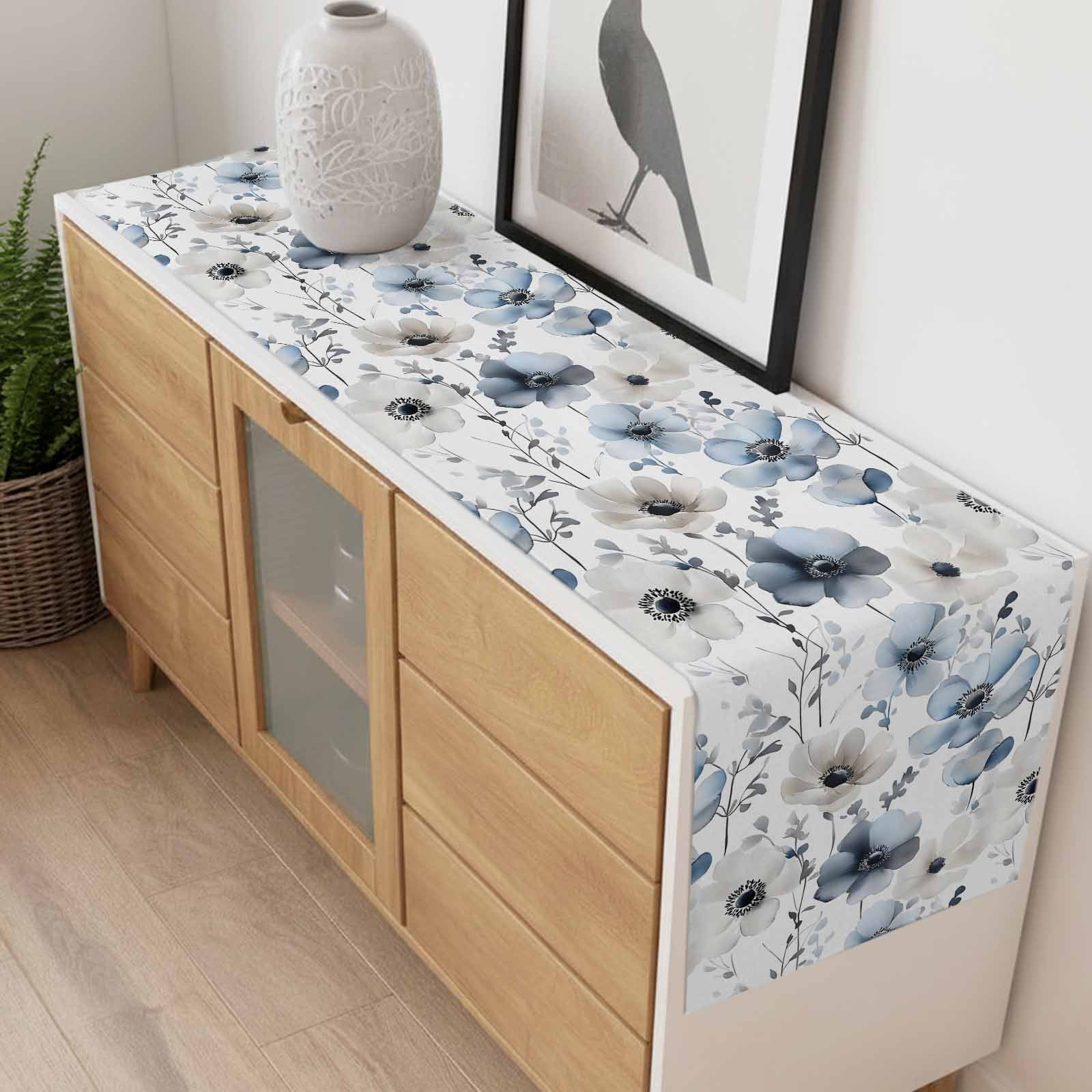 Spring Floral Cotton Linen Table Runner Watercolor Grey Blue Flower Grey Leaves Dining Table Runners for Home Decor Party Dining Room Restaurant Kitchen 13" x 108"