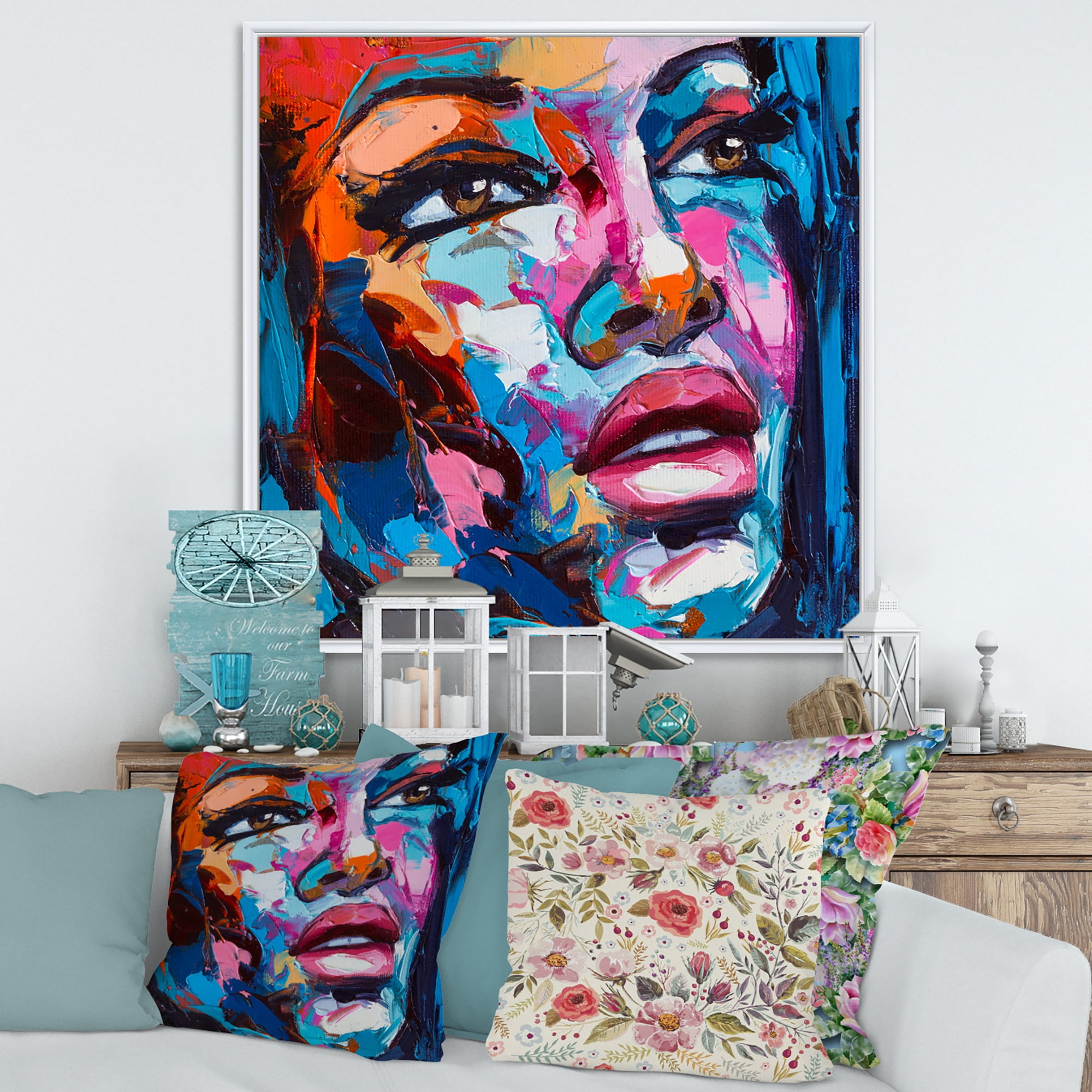 Designart 'Abstract Colorful Fantasy Portrait Of A Young Woman III' Modern Framed Canvas Wall Art Print