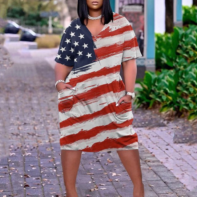 Jusqu'à 65 % de Réduction! Robes d'Été Mode pour Femmes 2024 Robe Grande Taille pour Col en V Robes Décontractées avec Poches Manches Courtes avec Poches