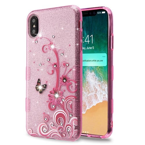 Apple iPhone Xs Max (6.5 in) Phone Case Slim TUFF HYBRID Bling Glitter Candy Silicone Rubber Gel Hard Protective Case Cover Butterfly Pink Glittering Phone Case for Apple iPhone Xs Max