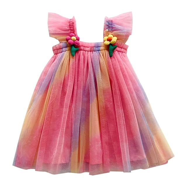 MEZZALL Robe de Fête Florale à Manches Volantes pour Filles, Robe de Danse, Robe d'Été Décontractée, Rose Vif, 1-2 Ans