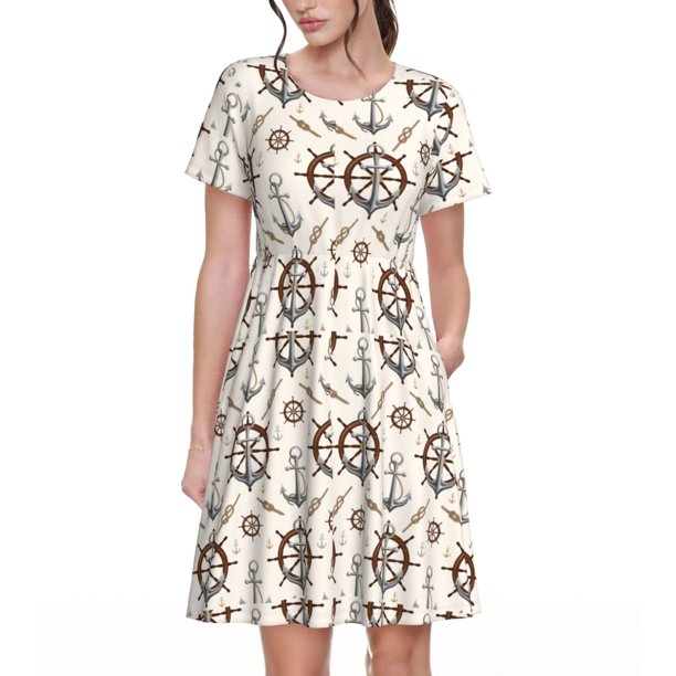 Disketp Anchors with Rope para Vestido de Manga Corta para Mujeres, Vestidos de Verano para Mujeres, Casual y Holgado para la Playa