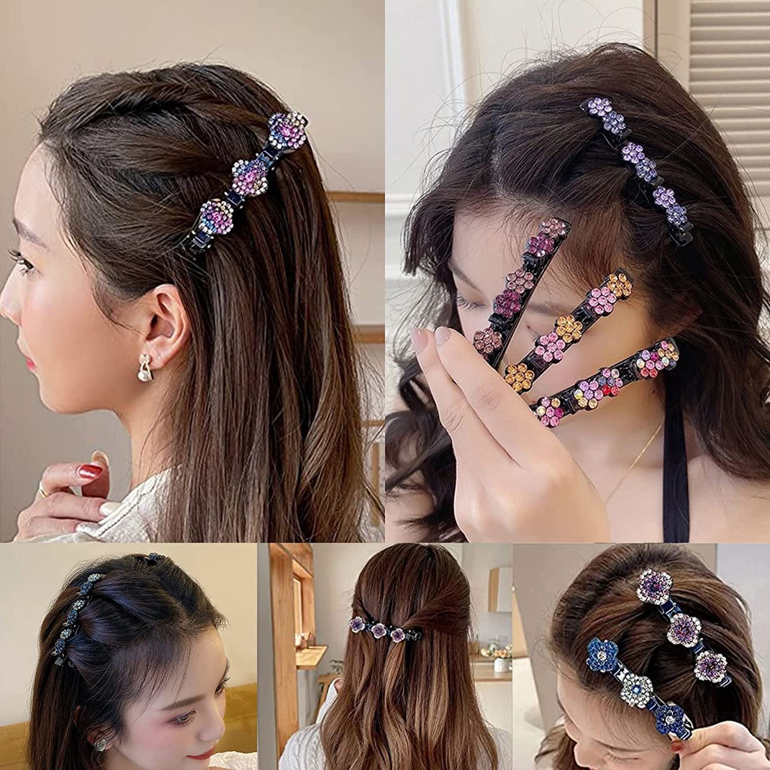 TSV 10pcs Sparkling Crystal Stone Braided Hair Clips with 3 Small