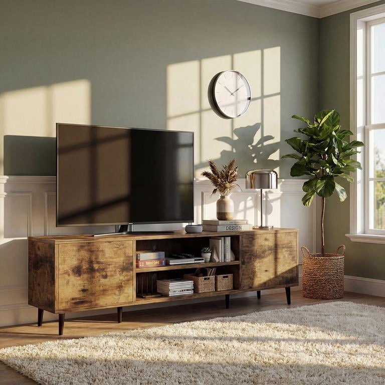 Vineego TV Stand for 70 Inch TV with 2 Push-to-Open Doors, Mid-Century Modern Media Console with Open Shelves, Entertainment Center for Living Room Bedroom, Brown