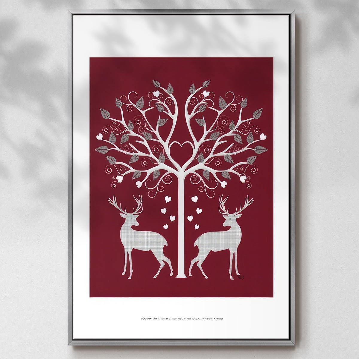 Christmas Des - Deer and Heart Tree, Grey on Red - Framed Gallery Wrapped Holiday Canvas - 25 x 37 - Silver Frame