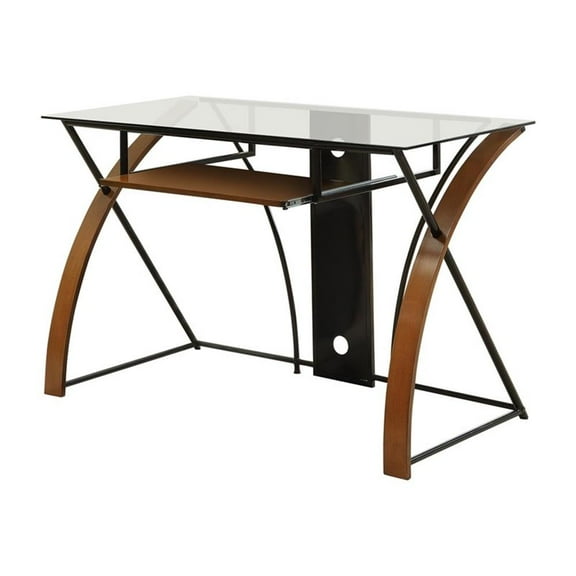 Furniture of America Kyran Contemporary Glass Top Computer Desk in Oak and Black