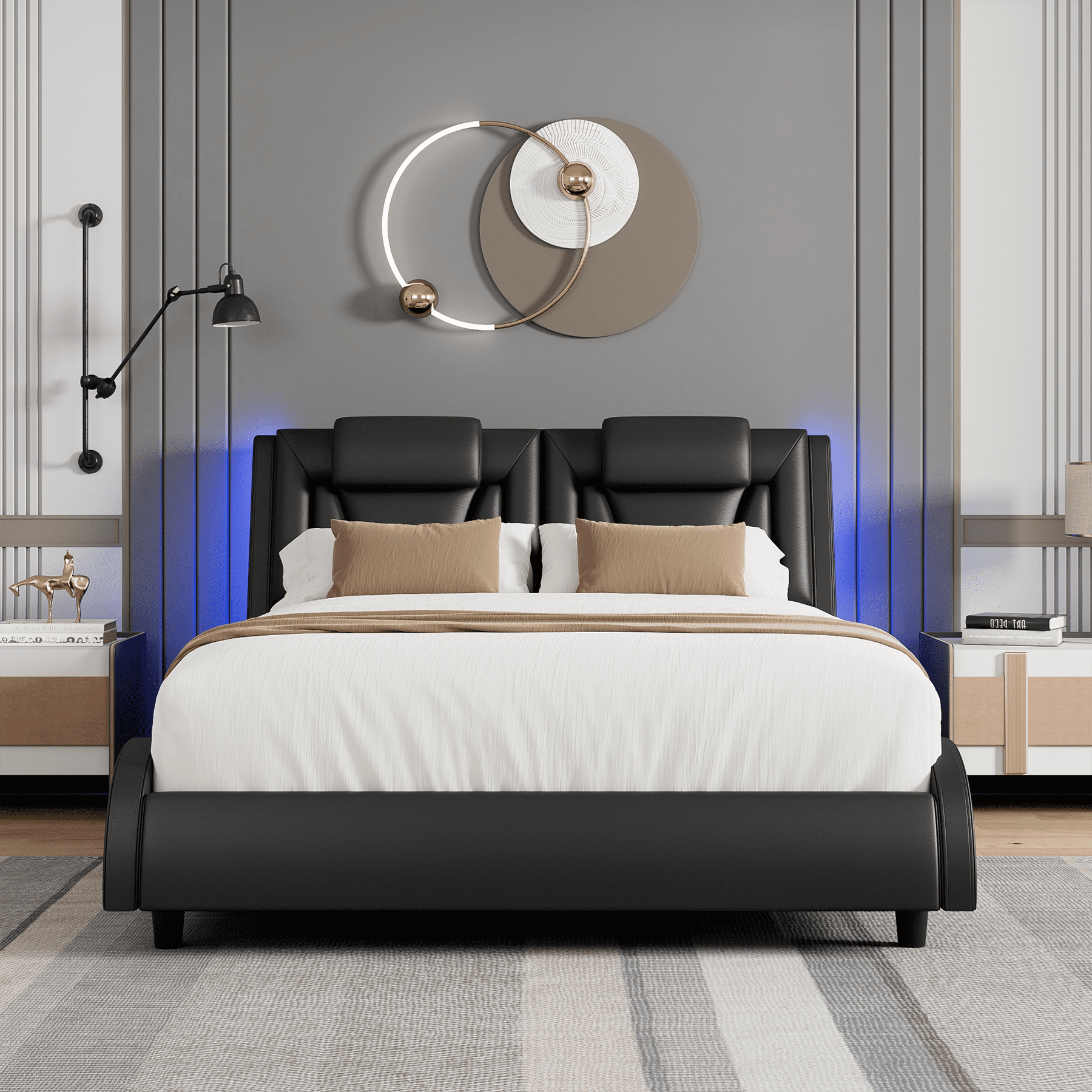 Homfa Queen Size LED Bed Frame, PU Leather Curved Upholstered Platform Bed Frame with Adjustable Headboard and Pillow, Black