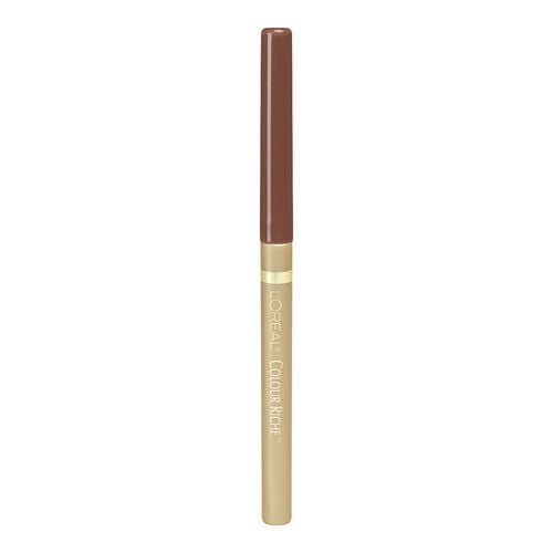 L'Oréal Paris Colour Riche Lip Liner, 0.2 GR, slim retractable lip liner pencil with creamy, anti-feathering formula for precise lip definition and rich colour, featuring a brown cap and beige barrel with L'Oréal Paris branding, ideal for enhancing lip makeup.
