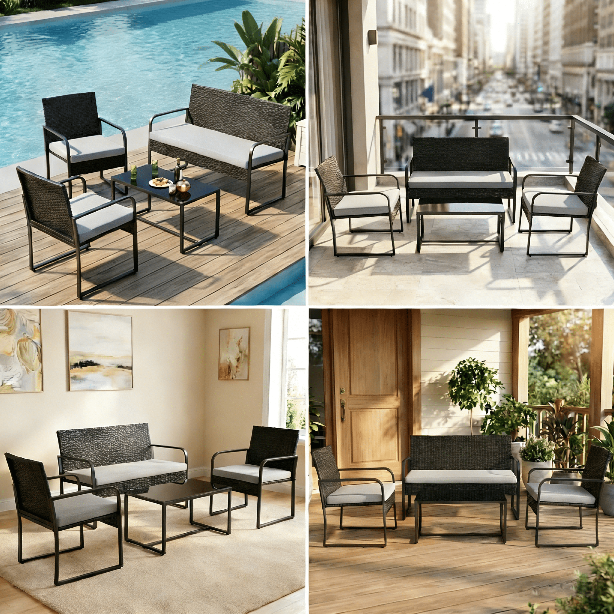 Lofka 4-Piece Outdoor Wicker Patio Furniture Set - All-Weather Rattan Sofa Set with Glass Coffee Table & Waterproof Cushions for Backyard, Porch, Garden, Light Gray  Cushion