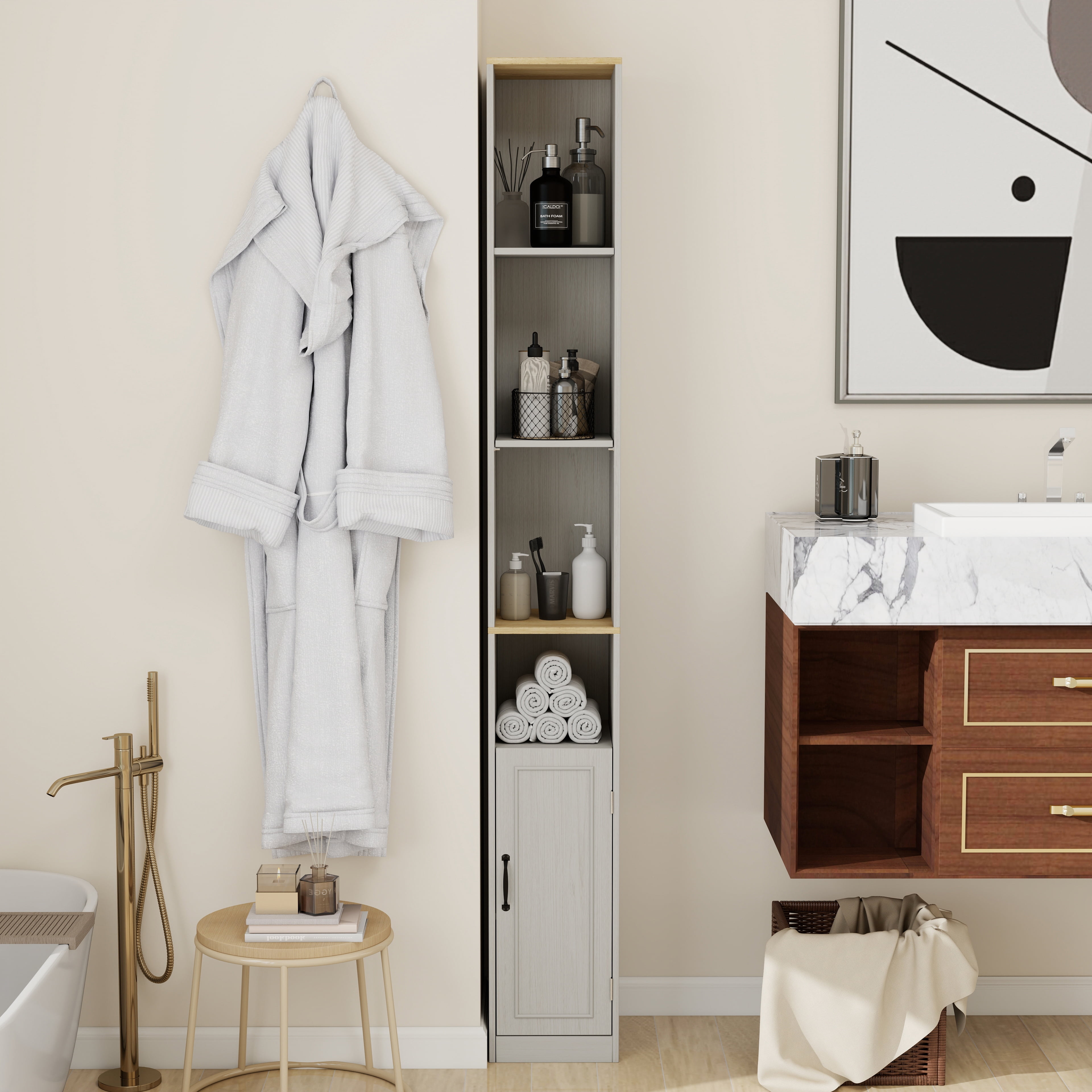 Leumius 72" Tall Bathroom Storage Cabinet,6-Tier Narrow Freestanding Bathroom Cabinet with 1 Door and 2 Adjustable Shelves,Tall Cabinet for Small Space,Living Room,Kitchen,Antique White