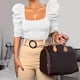 thumbnail image 5 of Camiseta informal de manga abombada con cuello redondo para mujer, camiseta ajustada acanalada de Color puro, Top Beige XL, 5 of 7
