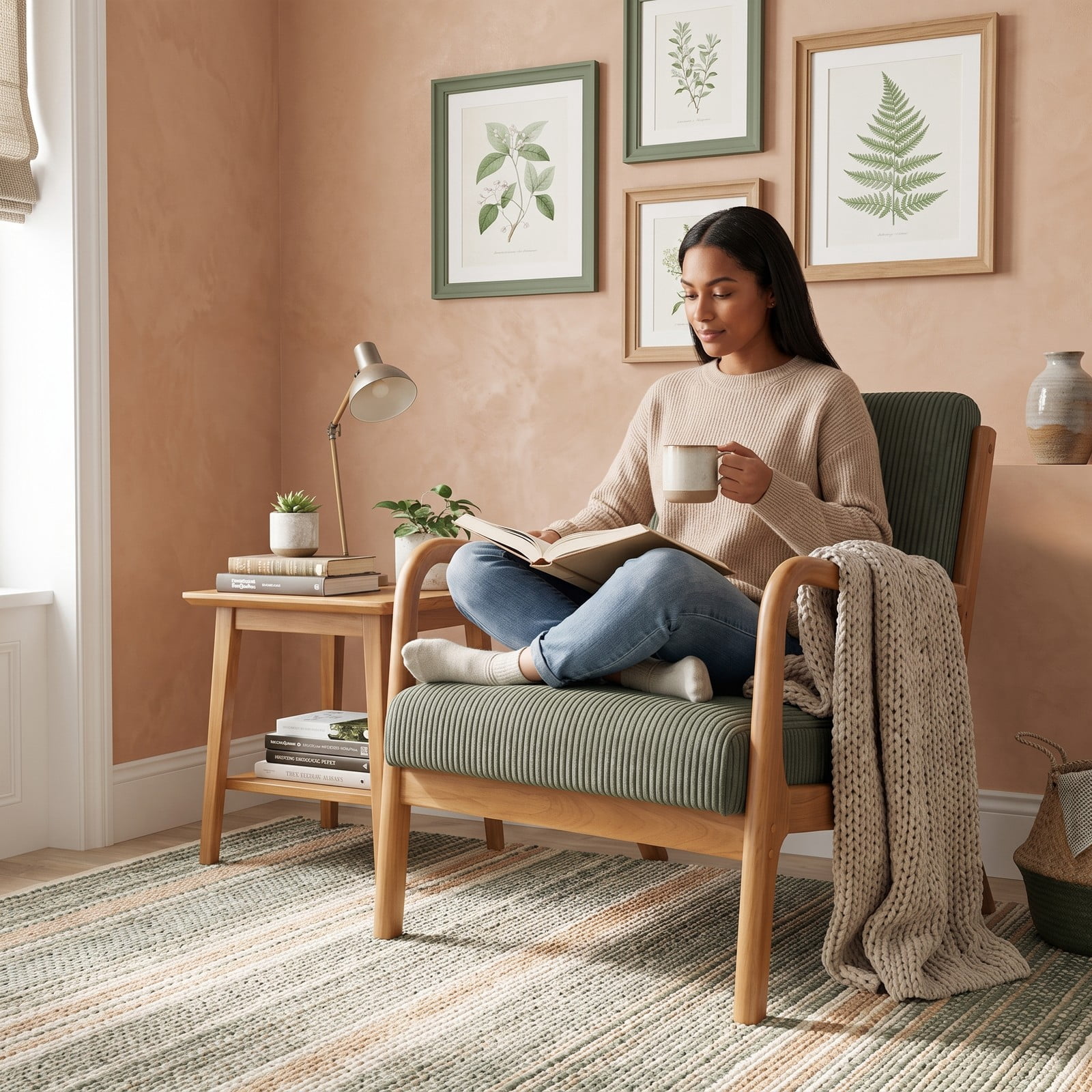 Furnibear Accent Chair, Corduroy Upholstered Lounge Chair with Lumbar Pillow, Ergonomic 105-Degree Backrest, Solid Wood Frame Armchair for Living Room Bedroom, Green