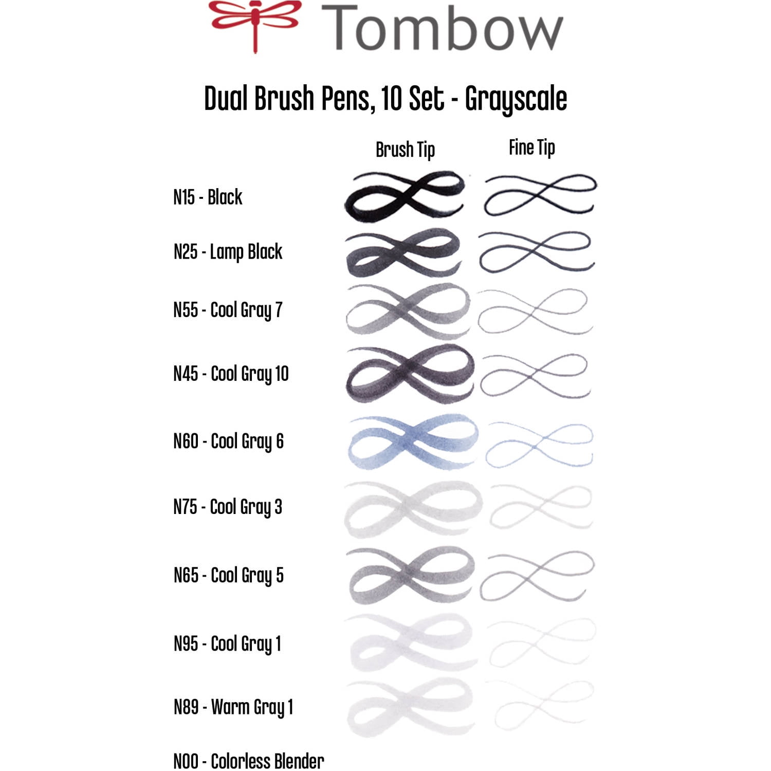 Tombow 56171 Dual Brush Pen Art Markers, Grayscale, 10-Pack