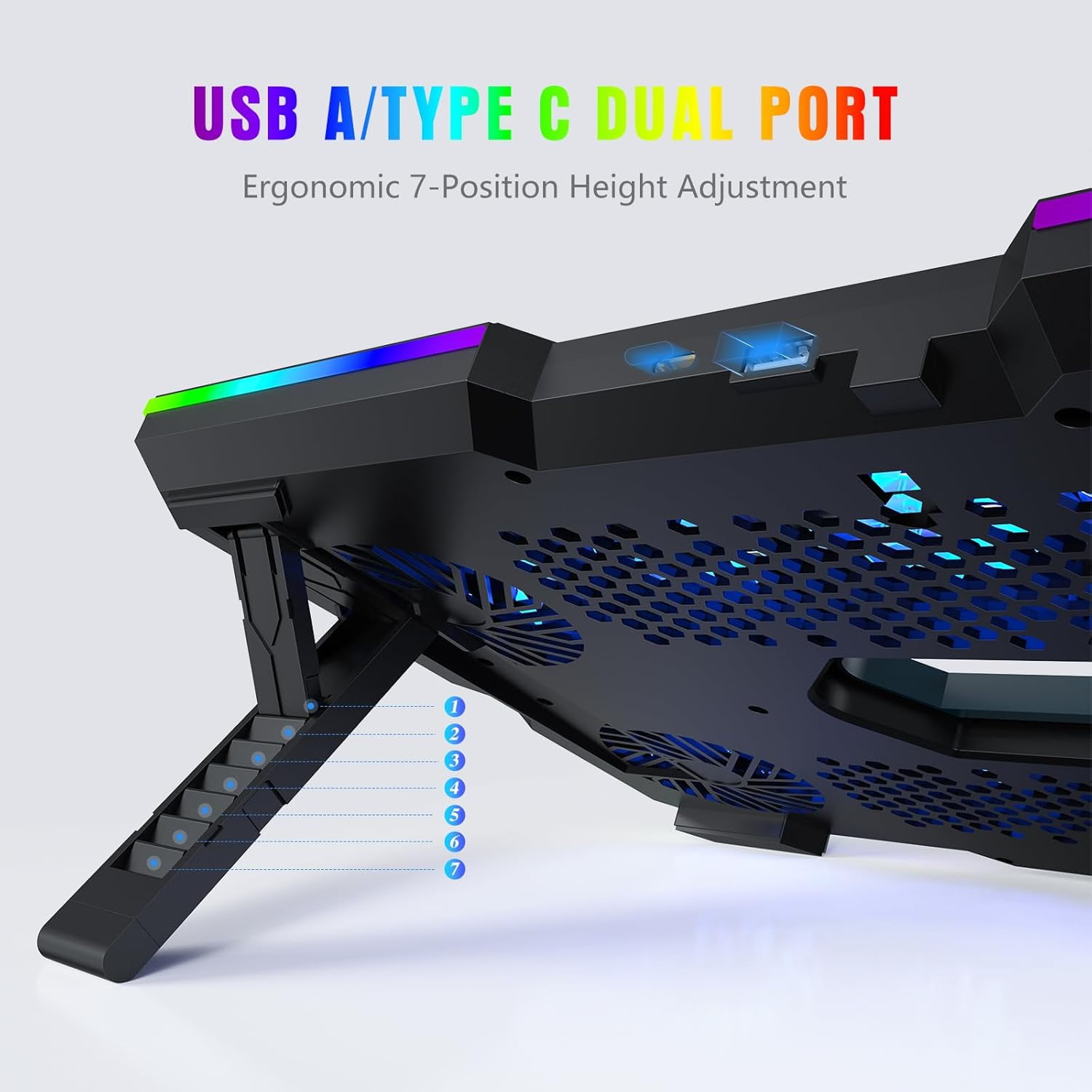 Laptop Cooling Pad, Gaming Cooler with 10 Quiet Fans, Height Adjustable Stand for 12"-17" Laptops, RGB Lights Fan 2 USB Port and Phone