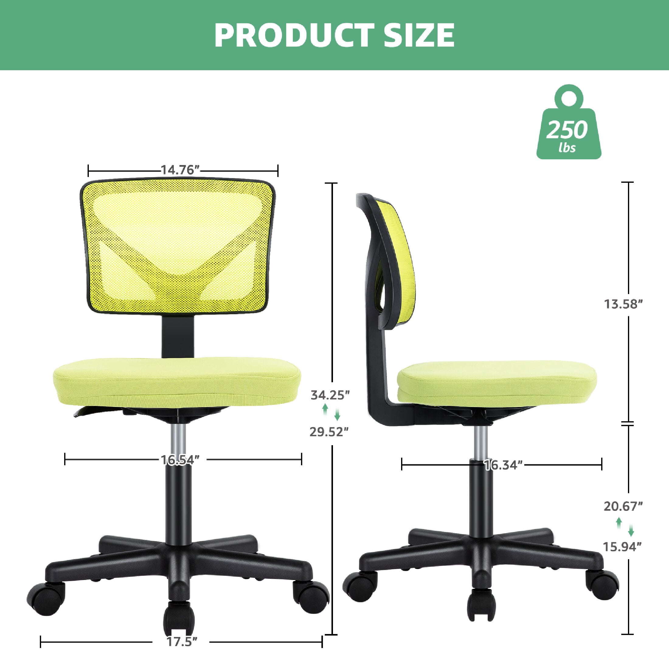 CONCETTA Armless Office Computer Desk Chair, Ergonomic Low-Back Mesh Rolling Work Swivel Chairs with Wheels, Green