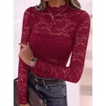 thumbnail image 4 of Women's Wavy Mock Neck Hollow Lace Slim Long Sleeve Top Wine Red XL, 4 of 10